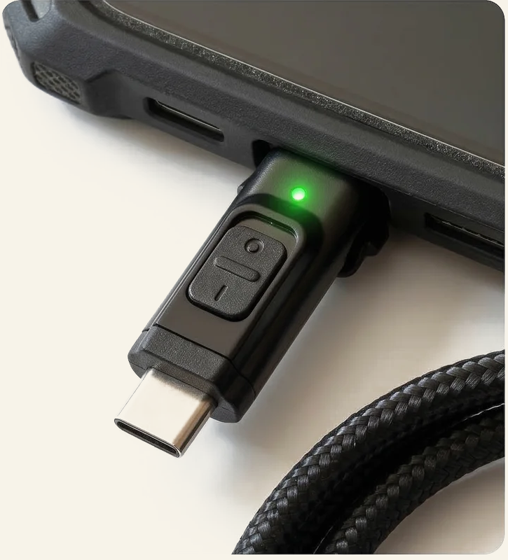 Transfer Mode: switch up, LED green, full data and charging active